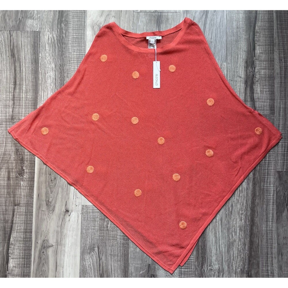 NWT Chico's Embroidered Mesh Dot Poncho Size L/XL Orange Blossom Boho Cottage